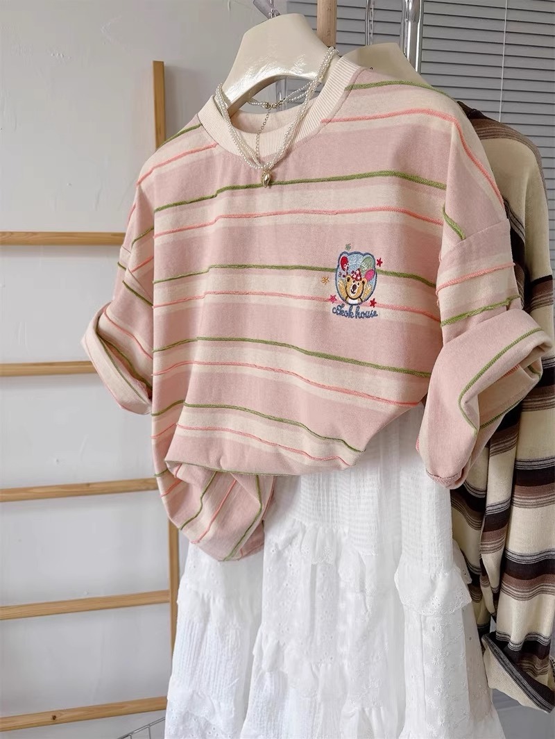 Summer Clothing Outlet - تي شيرت قطني مخطط بأكمام قصيرة،